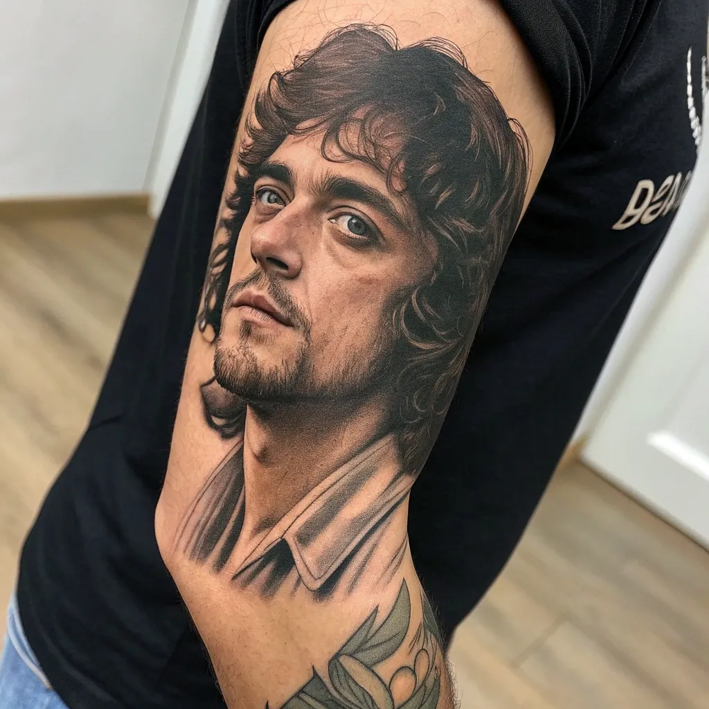 Tattoo of musician portrait on Aaron's arm