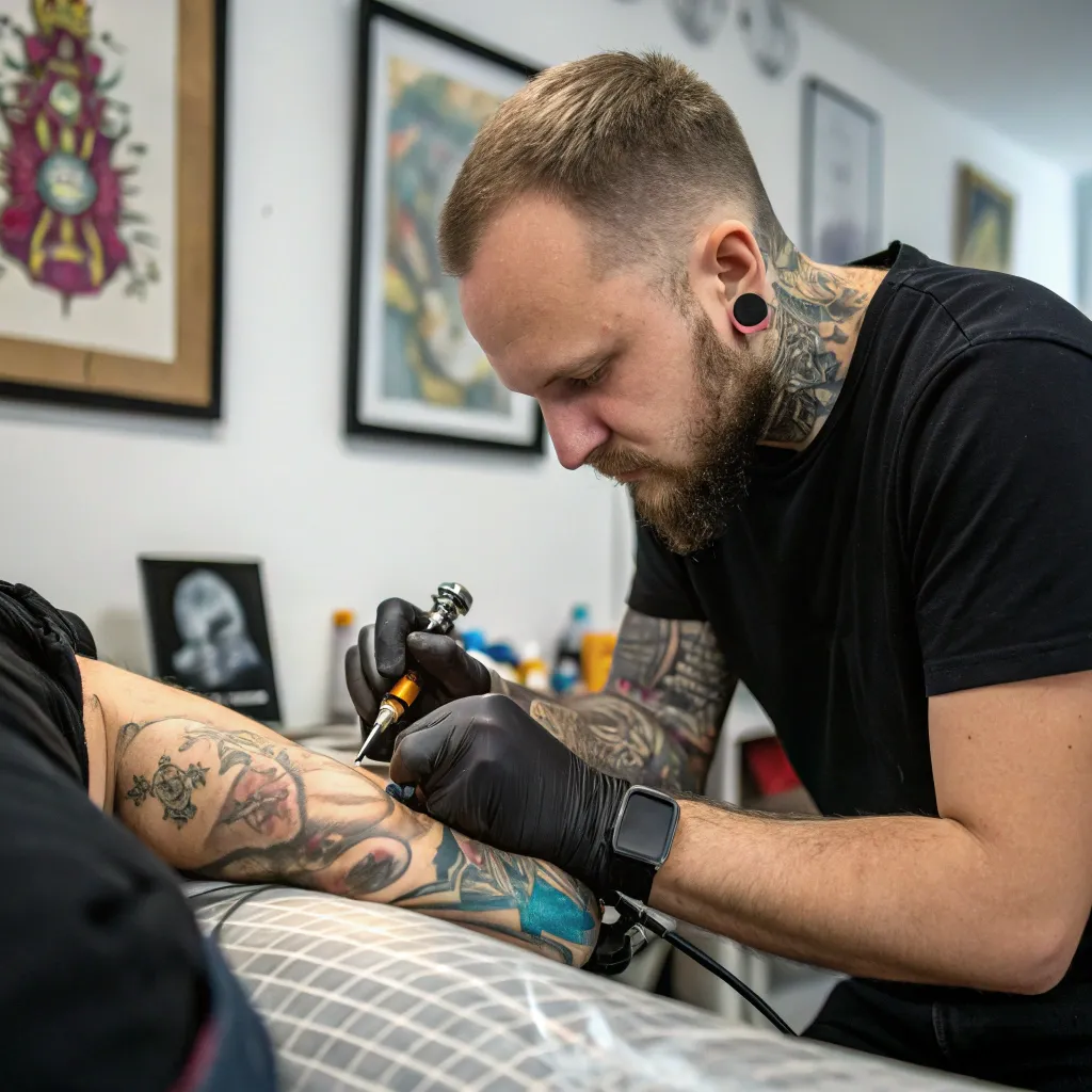 Professional tattoo artist creating detailed artwork